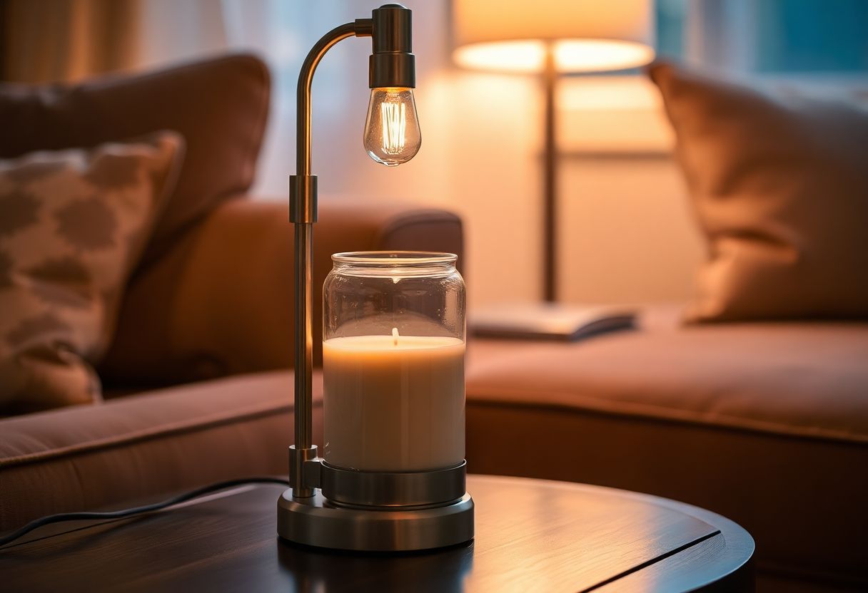 Electric wax melting lamp warming scented wax jar on side table in cozy evening living room