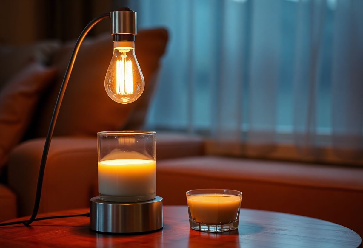 Candle warmer lamp melting scented wax without flame on wooden table with cozy decor
