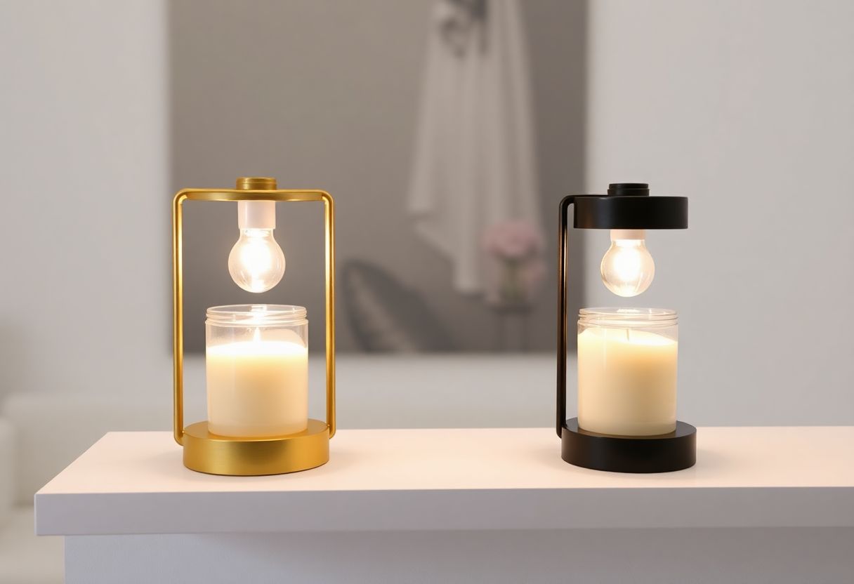 Two flameless candle warmer lamps in gold and black finish melting wax without fire